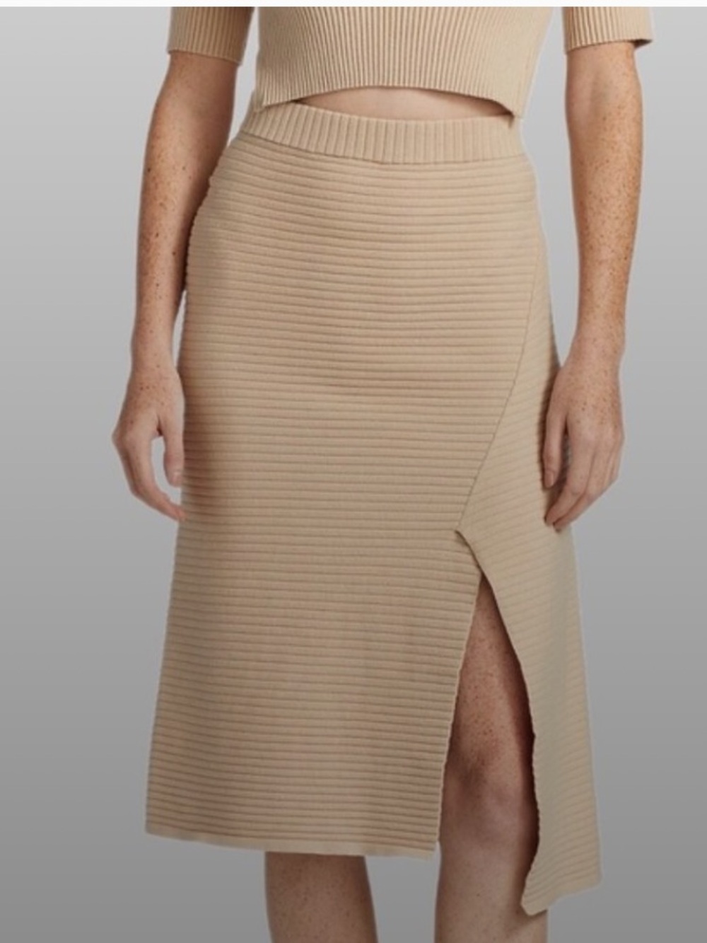NAADAM Ribbed Asymmetrical Midi Skirt in Beige